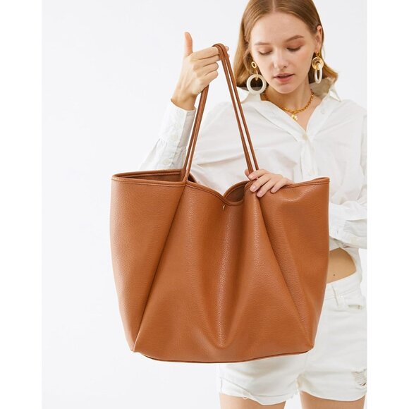 Hoxis Women Orange PU+Polyester Weekender Oversize Vegan Leather Tote Handbag - Picture 6 of 7